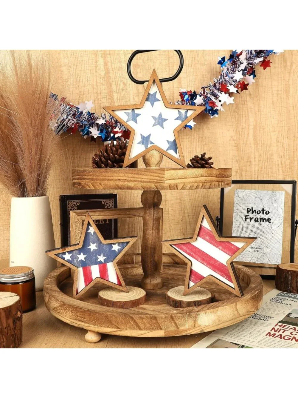Patriotic Wooden Star Decor Set of 3 - 4th of July & Memorial Day Tiered Tray